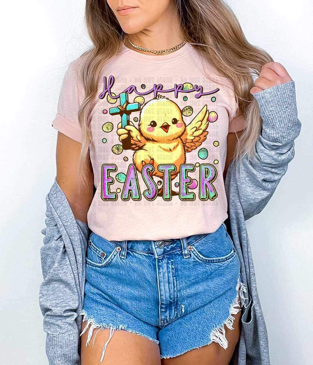 Happy easter chick with cross  19691 DTF Transfer