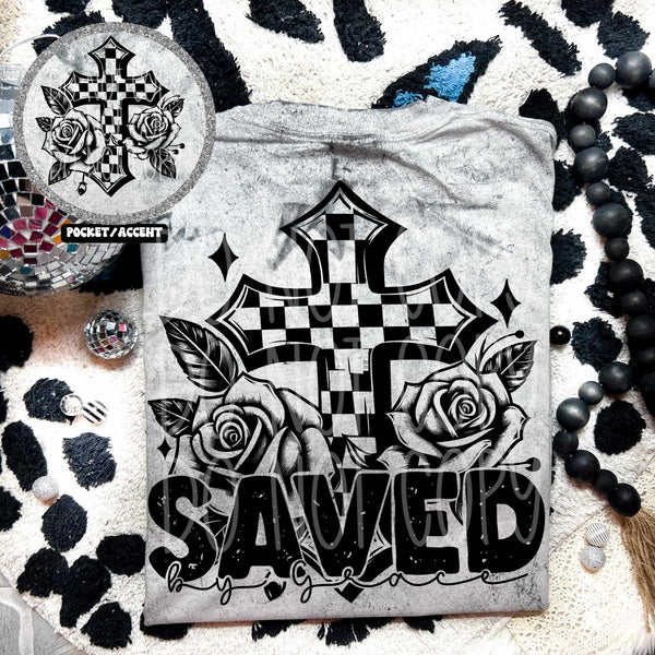 Saved by grace checkered cross FRONT 27983 DTF transfer