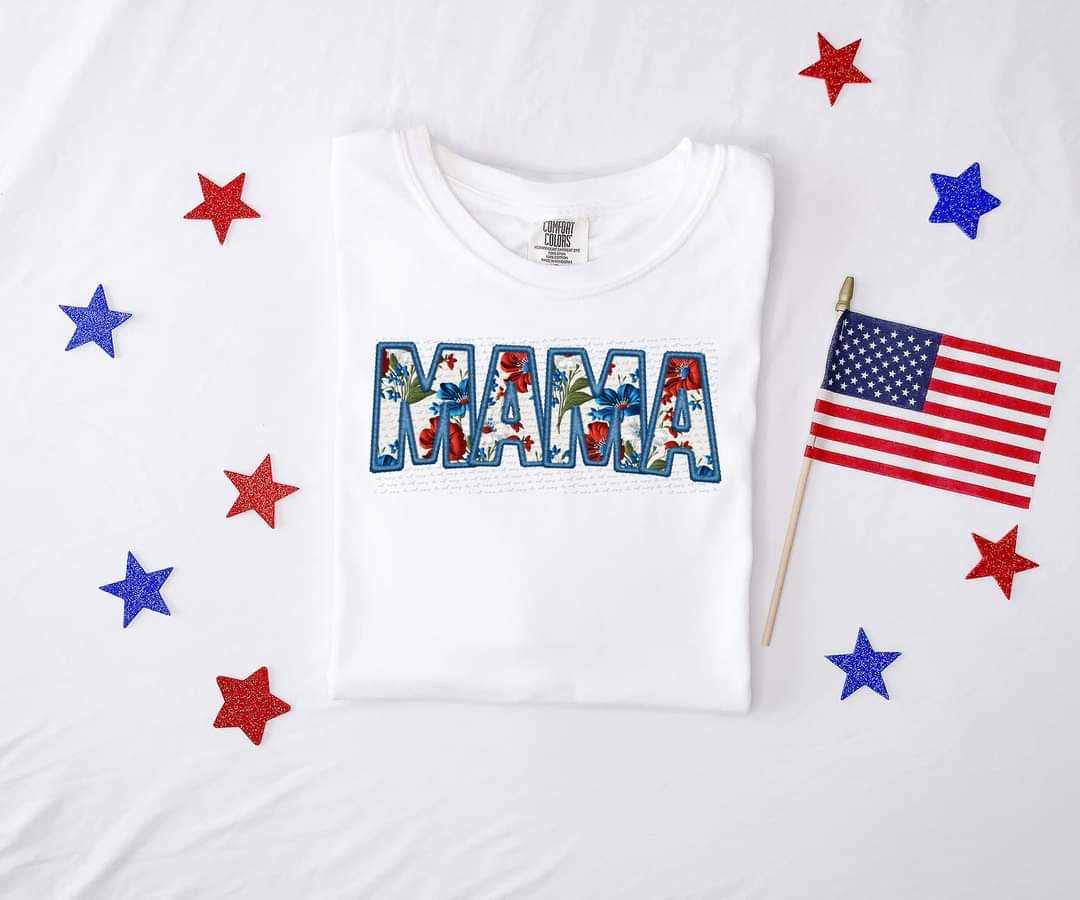 Mama red and blue floral embroidery 29008 DTF transfer