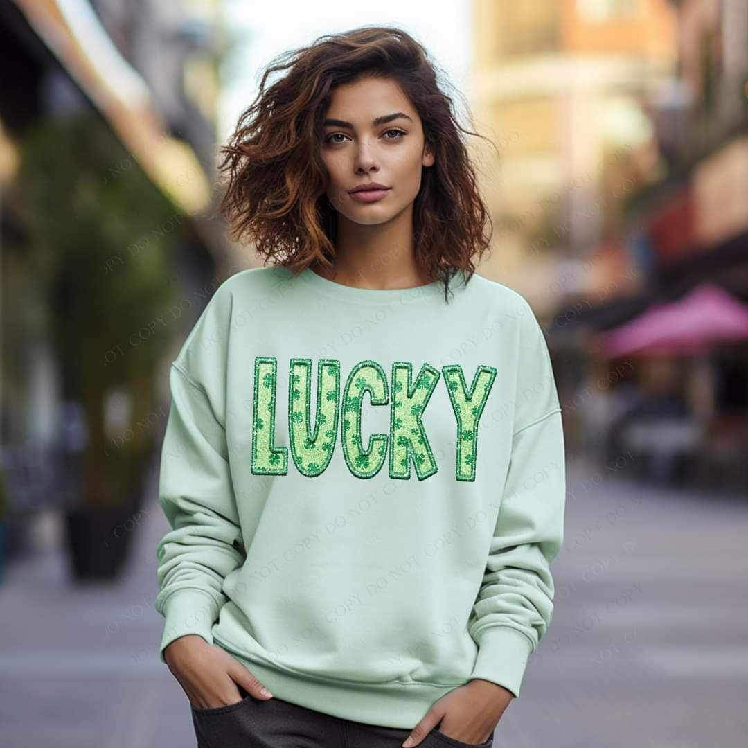 Lucky embroidered with clover fill 19763 DTF Transfer