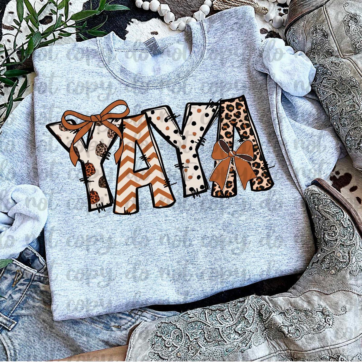 Yaya fall names with bows (vintage) 60747 DTF transfer