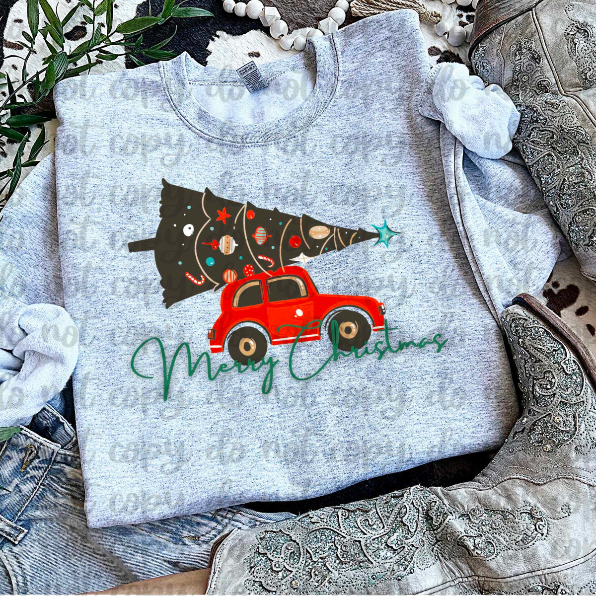 Merry Christmas red car with tree (vintage) 60719 DTF transfer