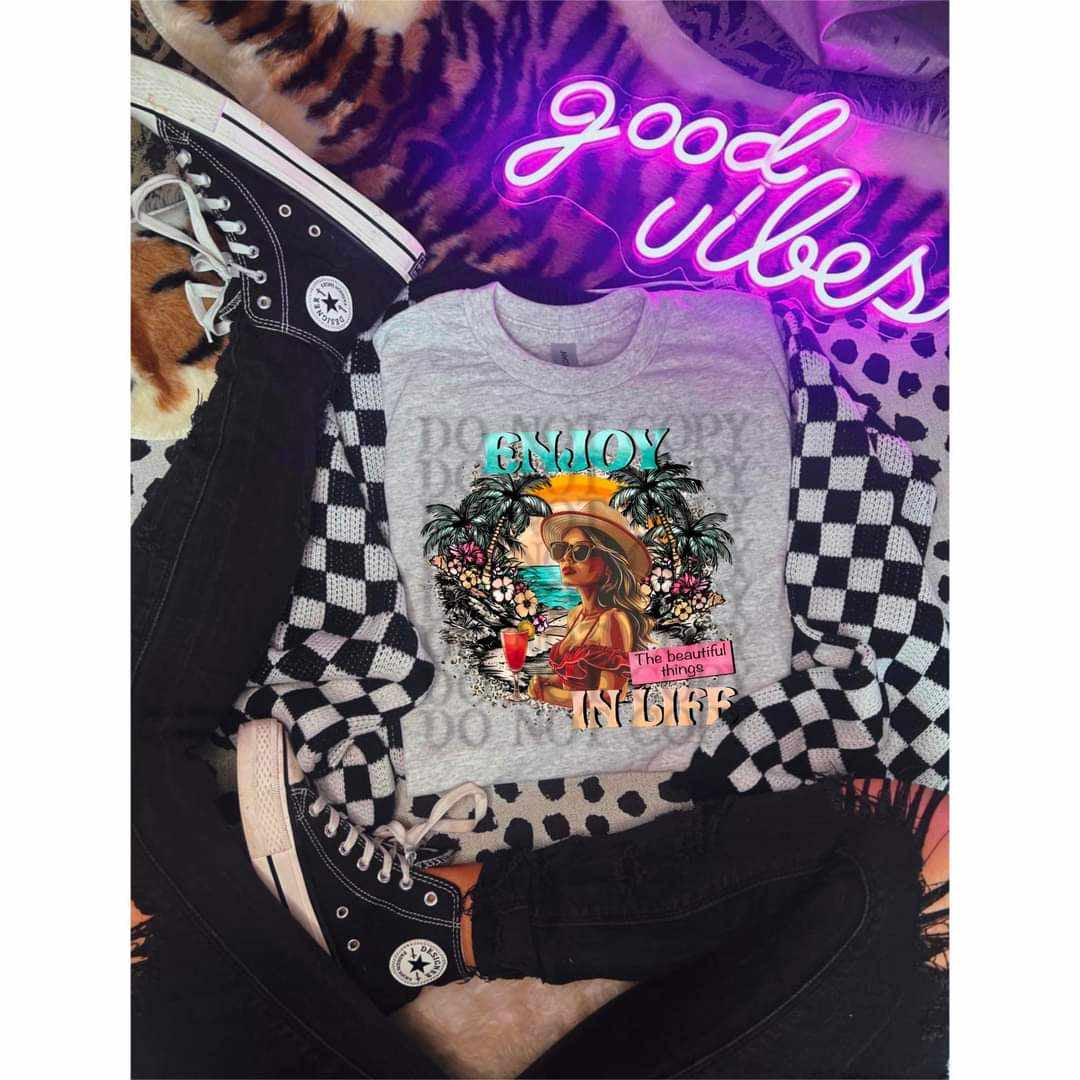 Enjoy the beautiful things in life woman at beach (WSD) 29095 DTF transfe