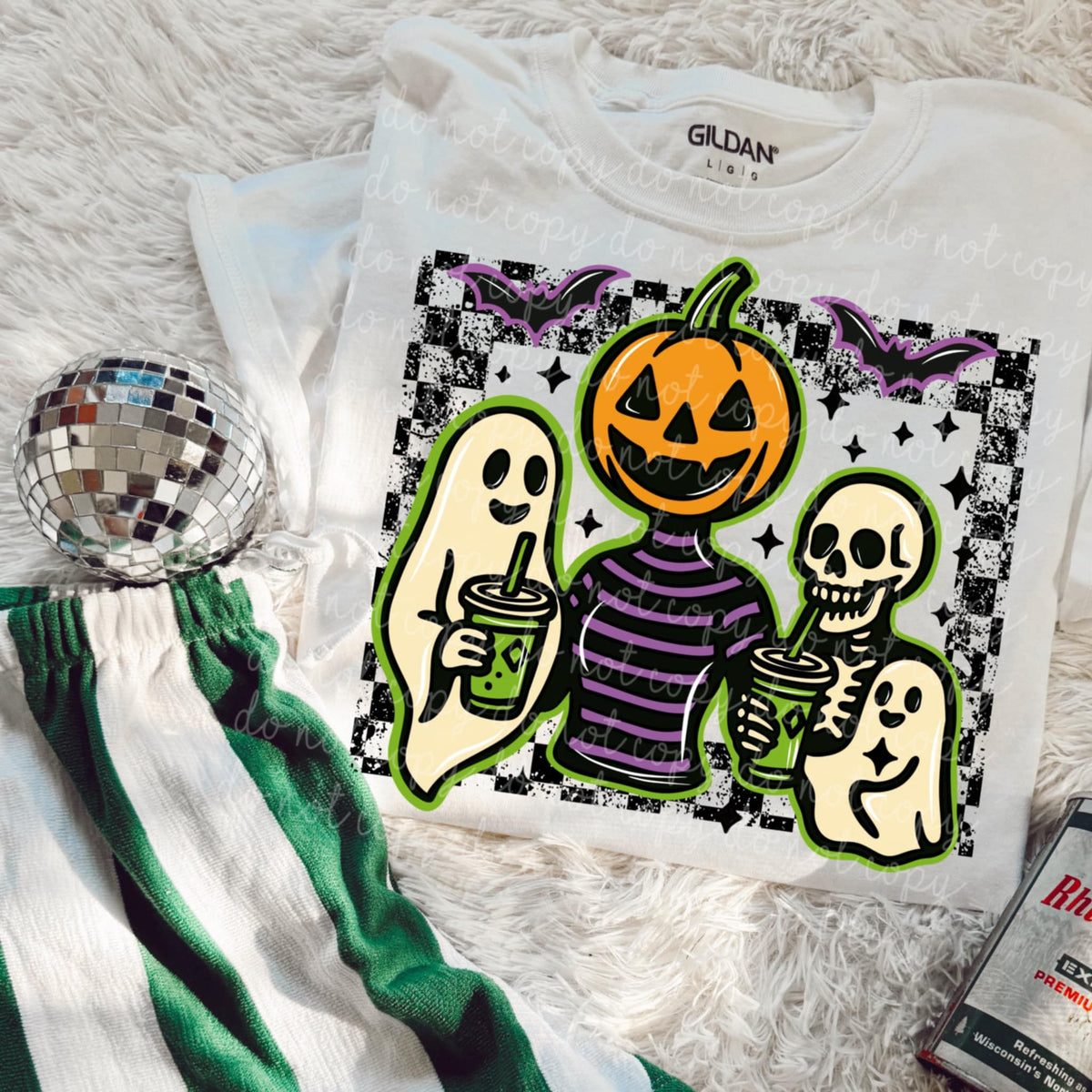 Ghost Pumpkin head and skeleton checker frame MMD DTF transfer