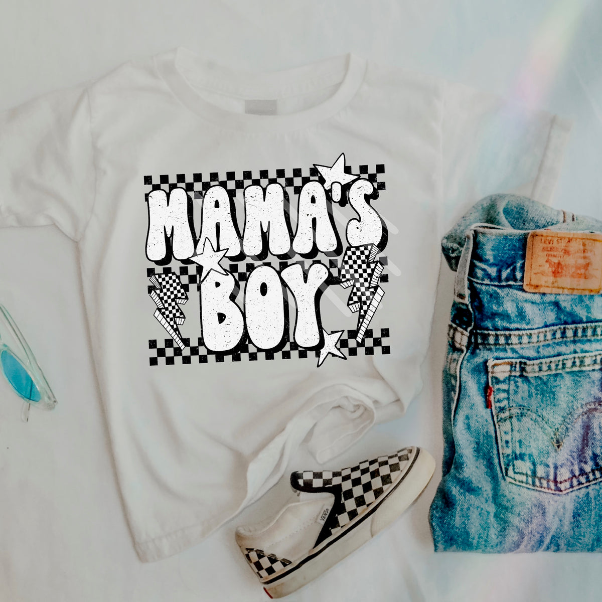 Mamas BOY BLACK AND WHITE with lightning bolt and bows (scarlow) 114324 DTF transfer