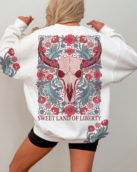 Sweet land of liberty bull with red and pink flowers BACK (AG) 29217 DTF transfer