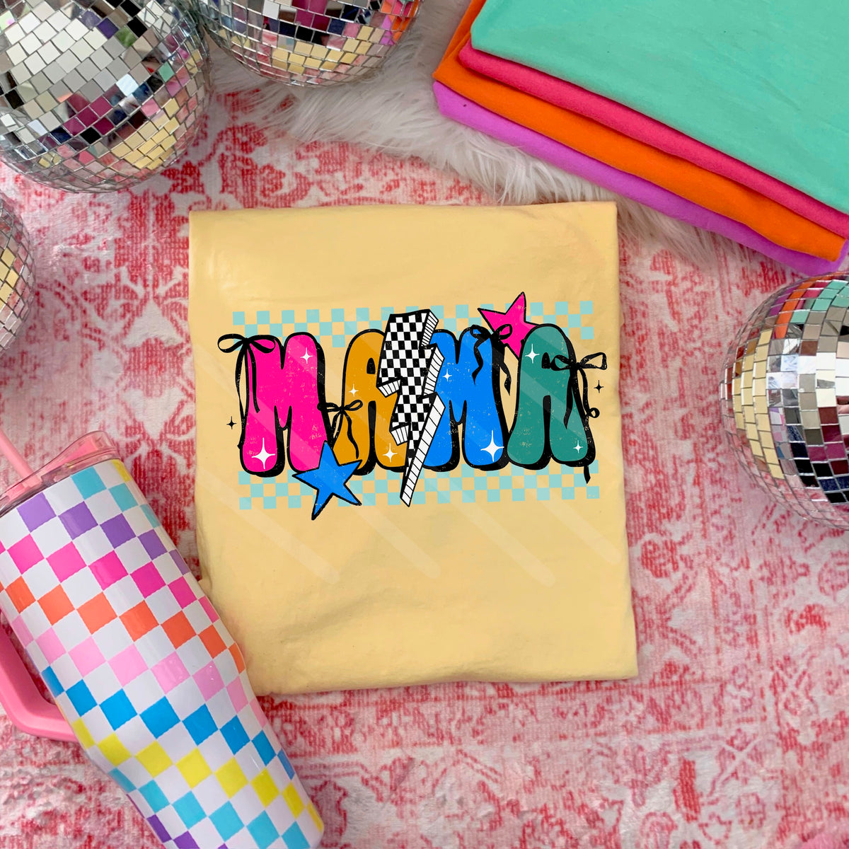 Mama PINK YELLOW BLUE with lightning bolt and bows (scarlow) 114352 DTF transfer