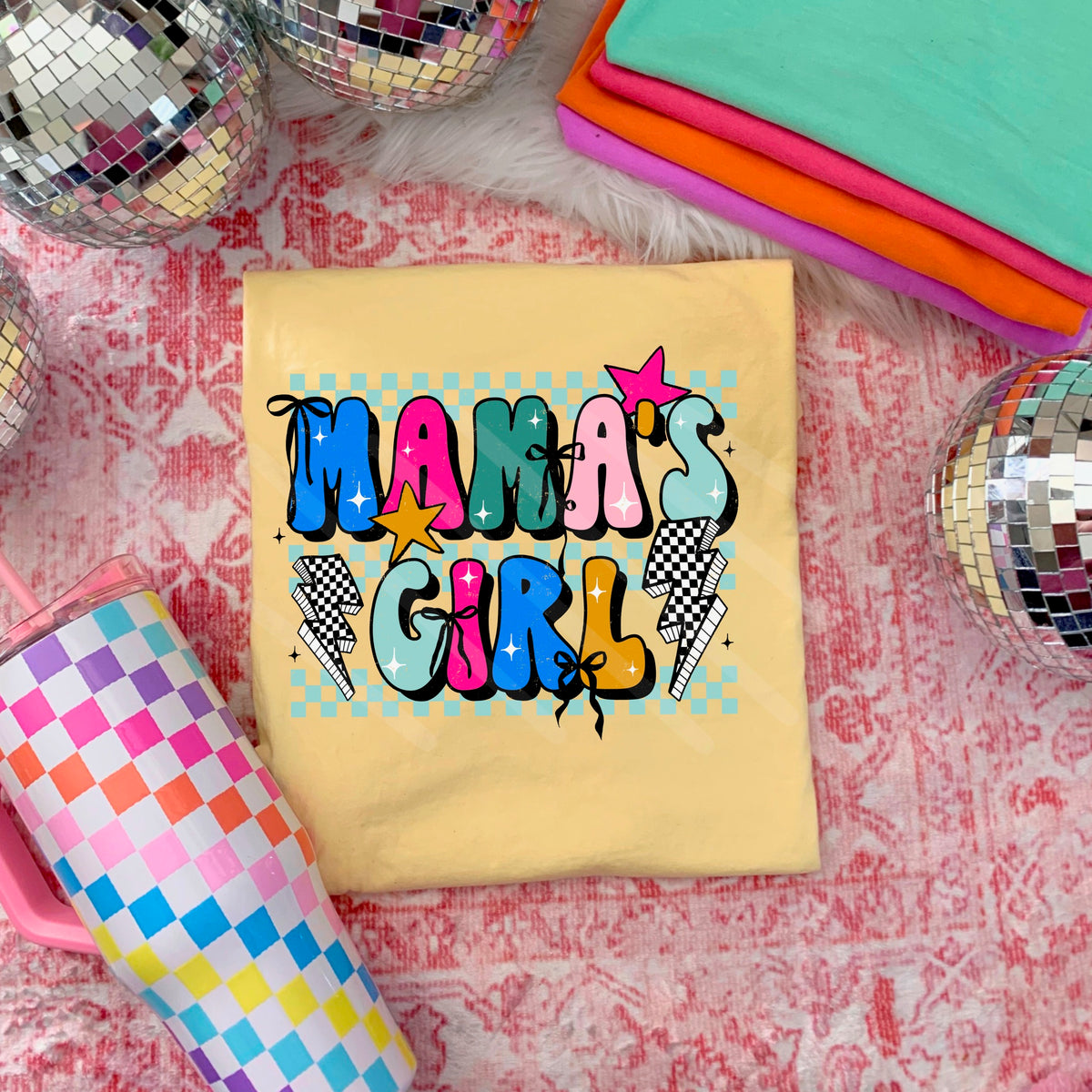 Mamas Girl PINK YELLOW BLUE with lightning bolt and bows (scarlow) 114323 DTF transfer