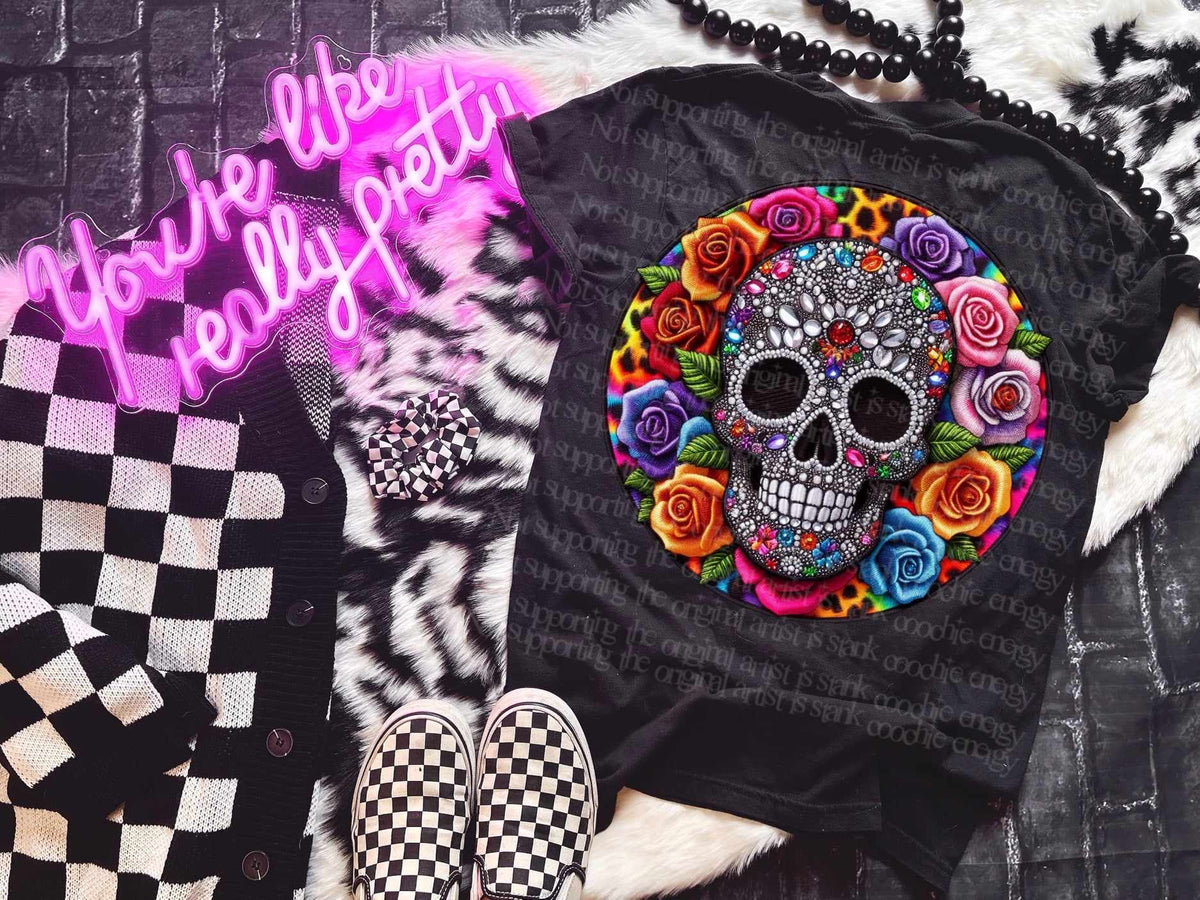 Bedazzled skull floral circle (GWD) 39664 DTF transfer
