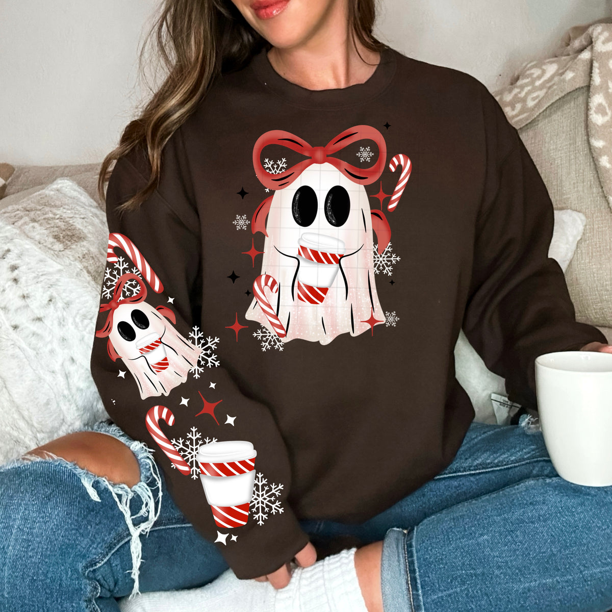 Ghost with red bow and candy canes (front only) (csc) DTF transfer
