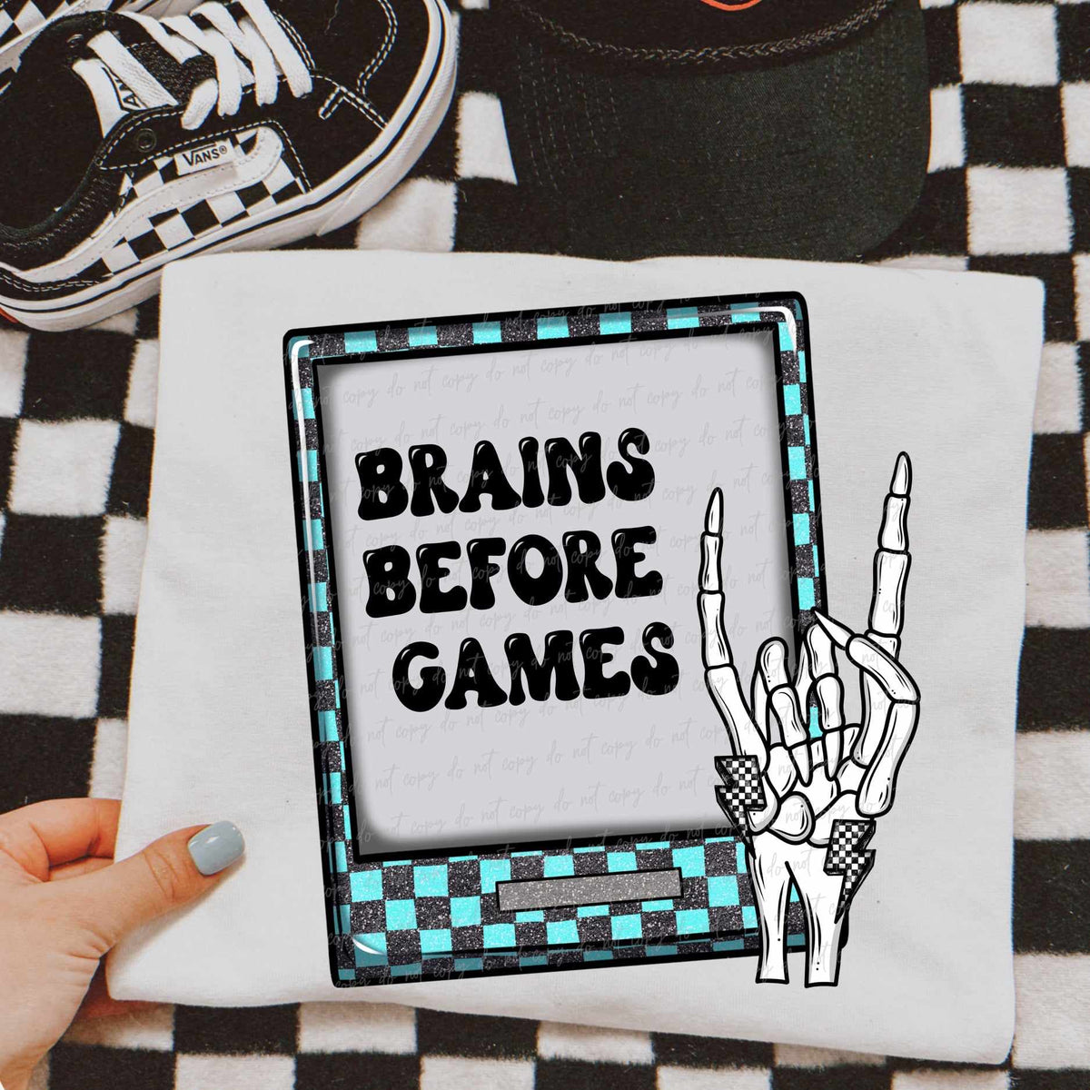 Brains before games BLUE checkered (VIRGO) 39678 DTF transfer