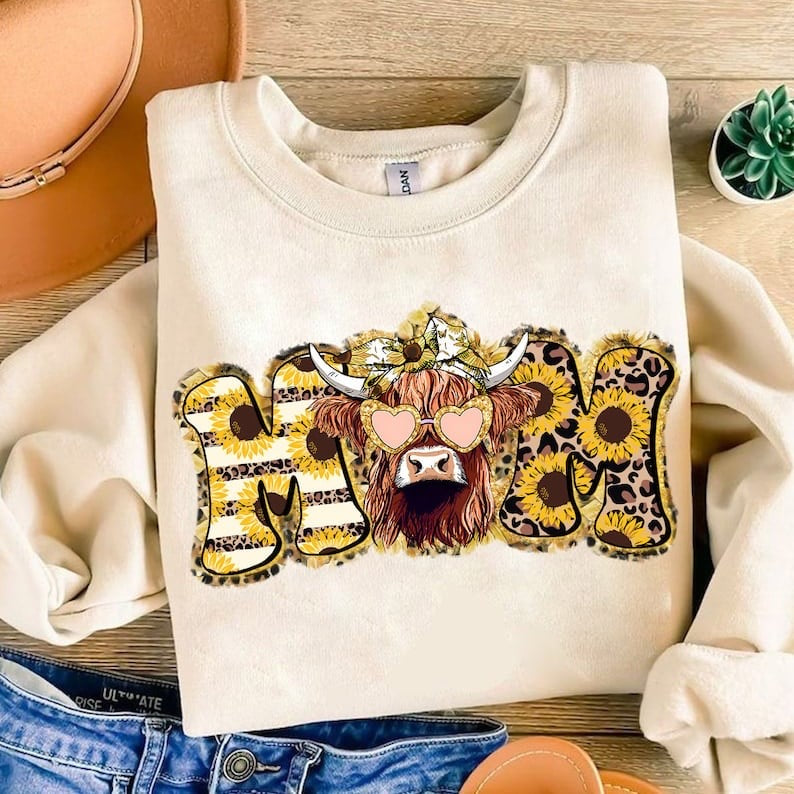 Mom sunflower font with shaggy cow 29292 DTF transfer