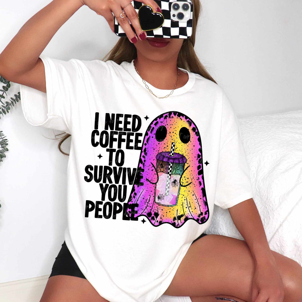 I need coffee to survive purple and yellow ghost (VIRGO) 39688 DTF transfer