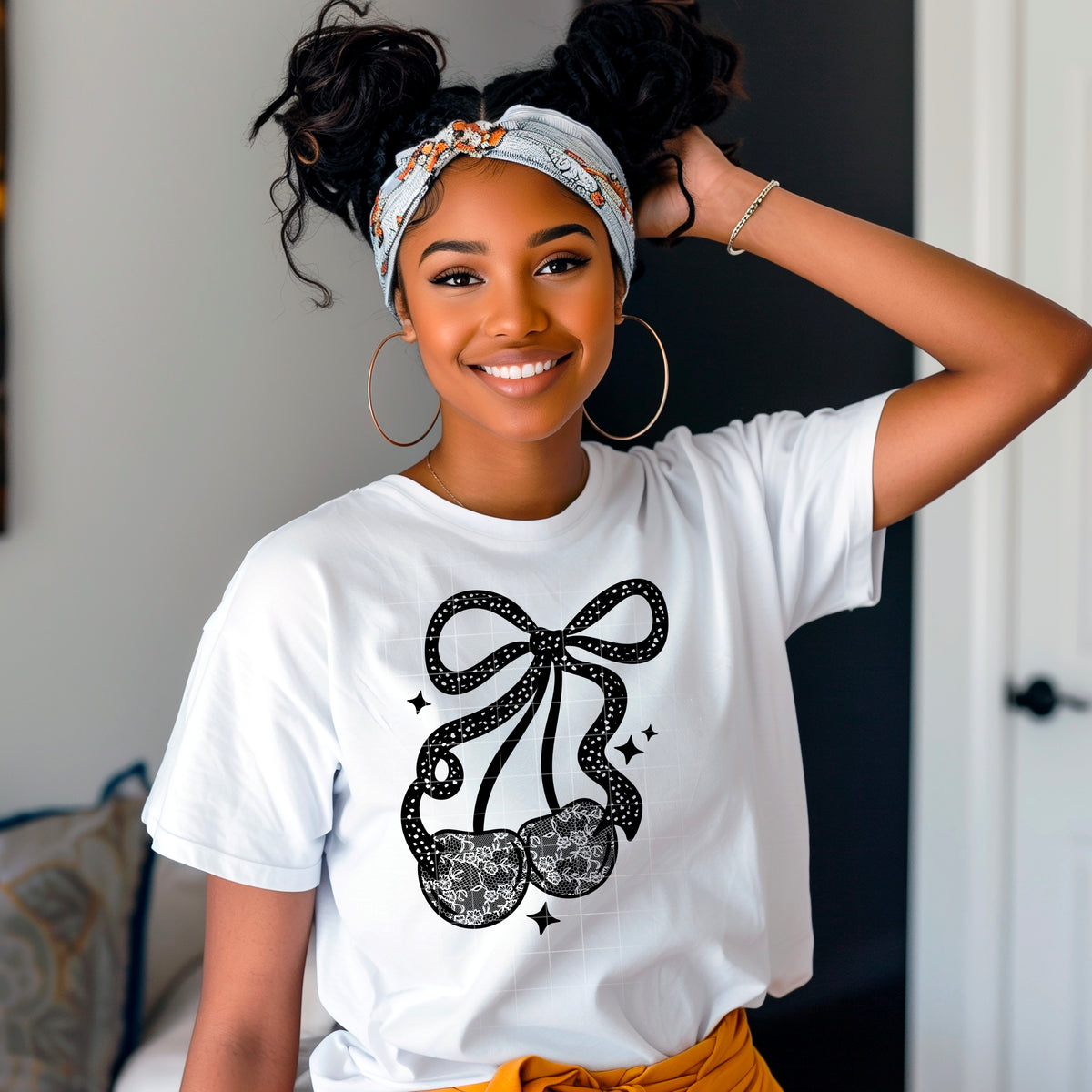 Lace Cherries and Bow BLACK (csc) DTF transfer