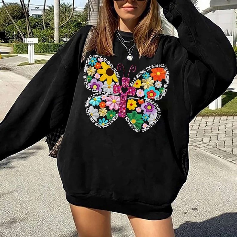 Butterfly with cross and embroidered floral wings WHITE FONT 29283 DTF transfer