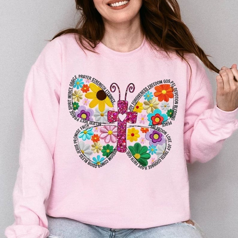 Butterfly with cross and embroidered floral wings BLACK FONT 29282 DTF transfer