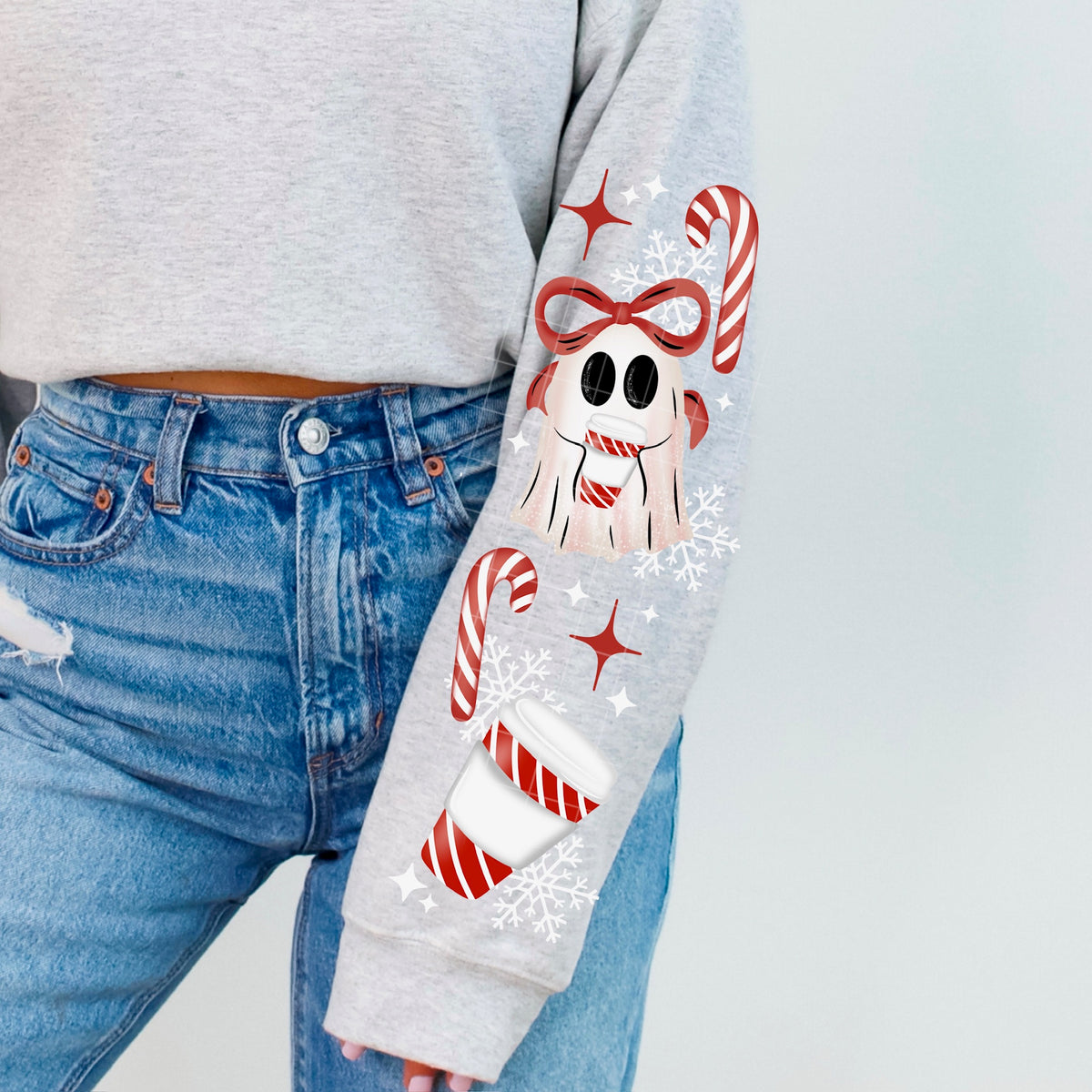 Ghost with red bow and candy canes (SLEEVE) (csc) DTF transfer
