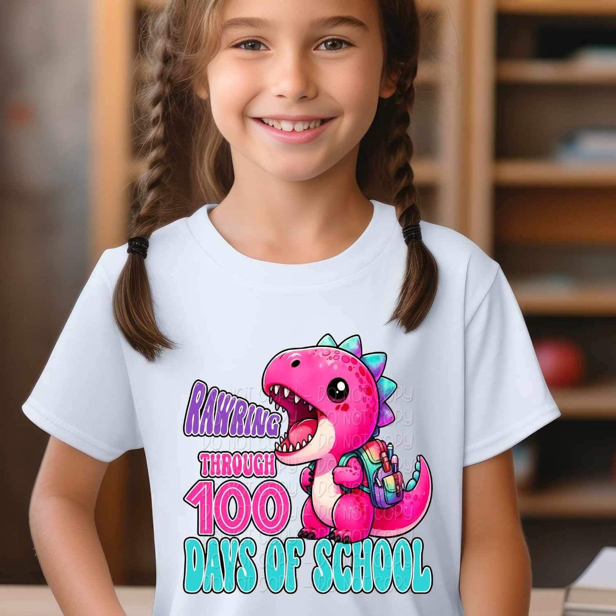 Rawring through 100 days of school pink dino 20042 DTF Transfer