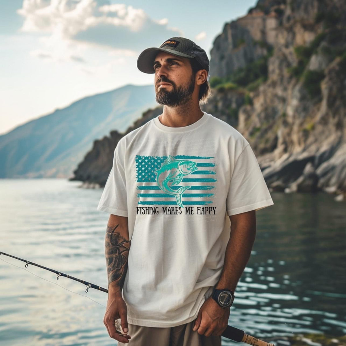 Fishing makes me happy FLAG 22956?DTF transfer