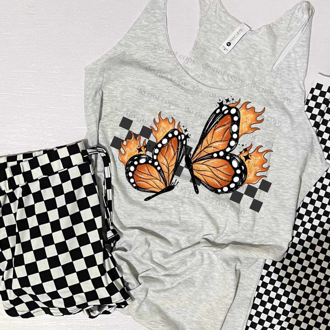 Butterflies on fire black checkered (CSC) 29409 DTF transfer