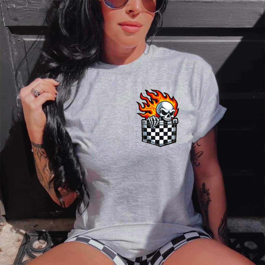 Checkered pocket with firey skull (MMD) 29418 DTF transfer
