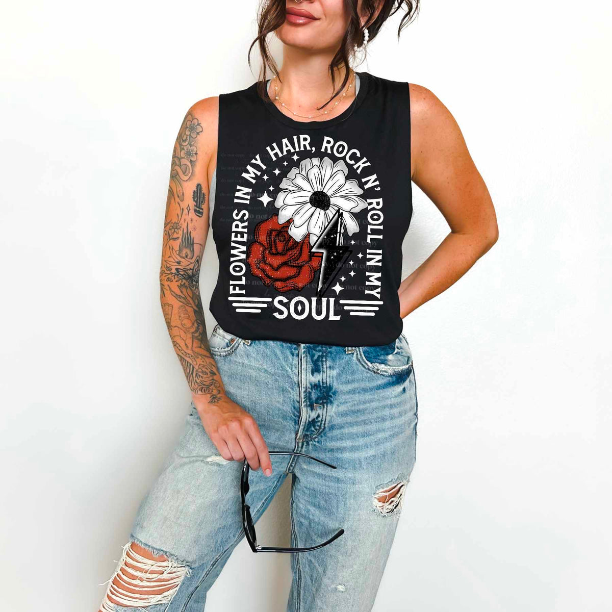Flower in my hair, rock n roll in my soul WHITE FONT (CSC) 39838 DTF transfer