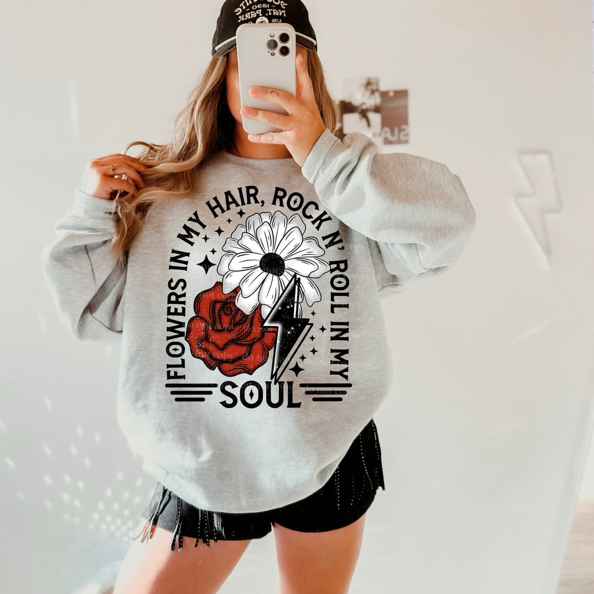 Flower in my hair, rock n roll in my soul BLACK FONT (CSC) 39837 DTF transfer