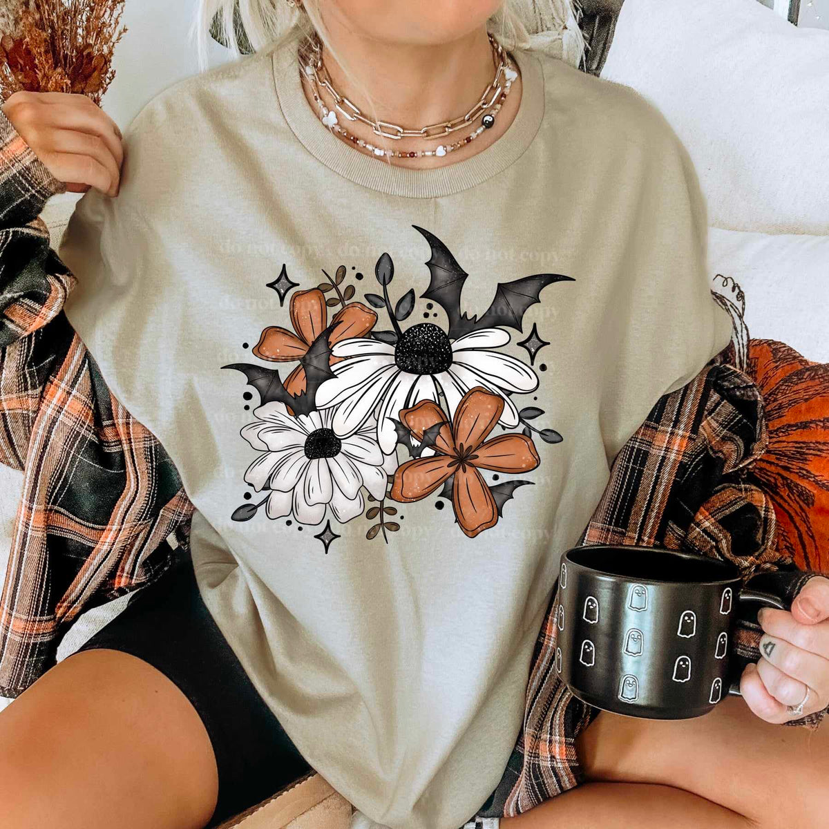 Orange and white flowers with bats (CSC) 39804 DTF transfer