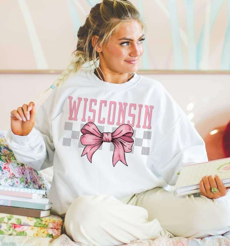 Wisconsin pink font and bow (S&G) 29462 DTF transfer