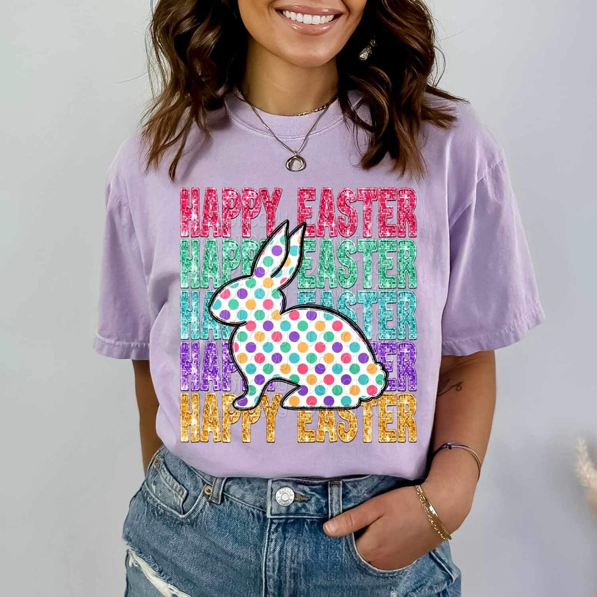 Happy easter stacked with polka dot bunny 20294 DTF transfer