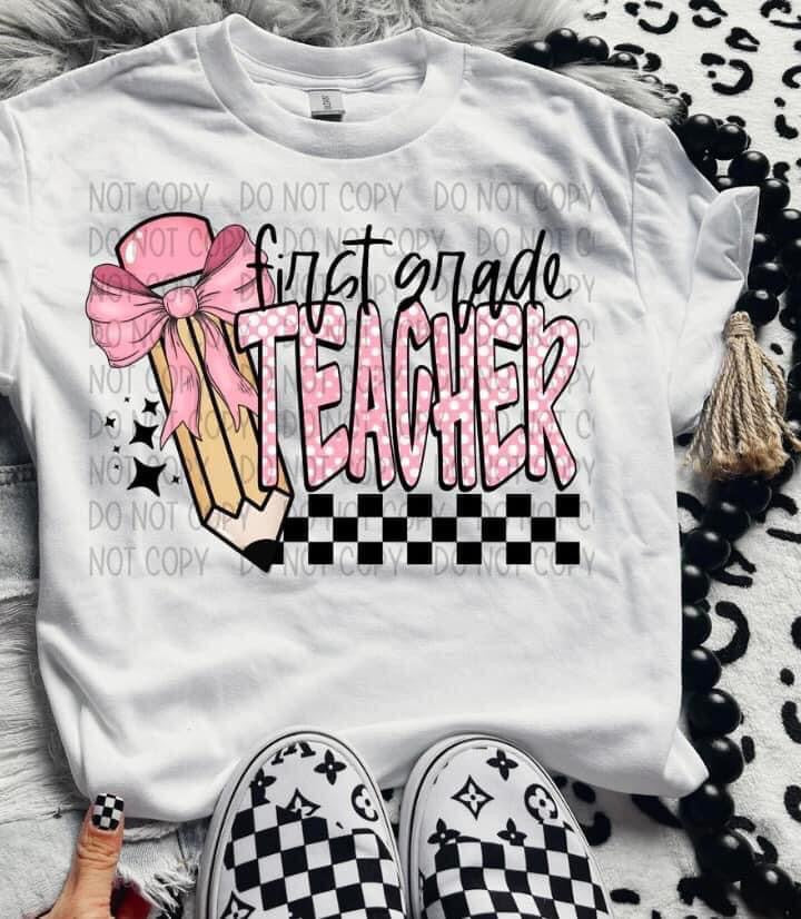 First grade teacher pink with polka dots 41099 DTF transfer