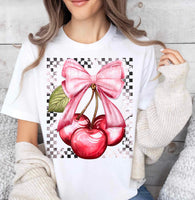 Trio cherries with pink bow CHECKERED 20319 DTF transfer