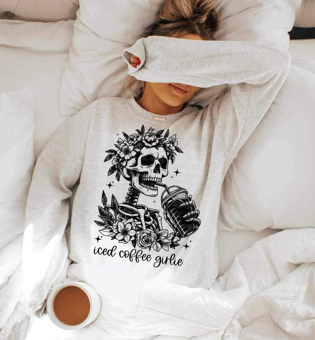 Iced coffee girlie Skellie drinking coffee BLACK (LYTTLE) 20329 DTF transfer