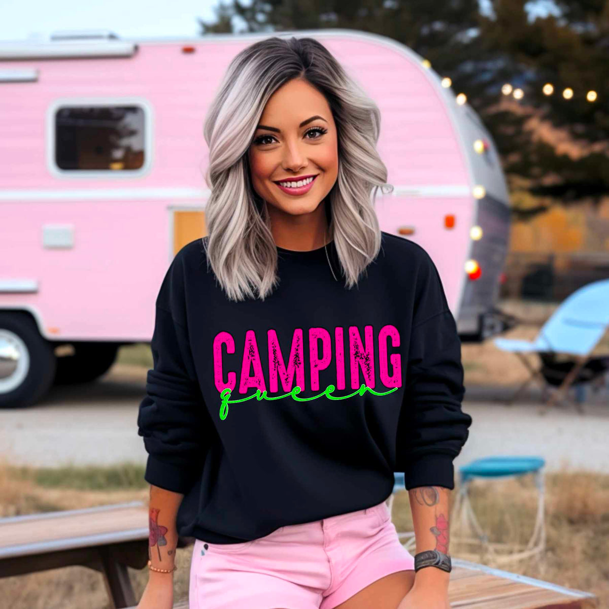 Camping queen pink and green 29697 DTF transfer