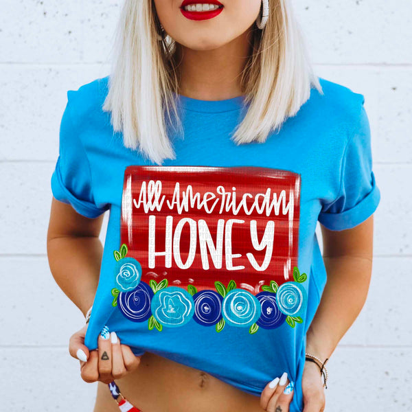 All American honey red background blue florals 29818  DTF transfer