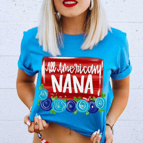 All American nana red background blue florals (CSC) 29817  DTF transfer