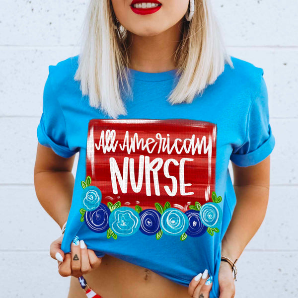 All American nurse red background blue florals 29814 DTF transfer