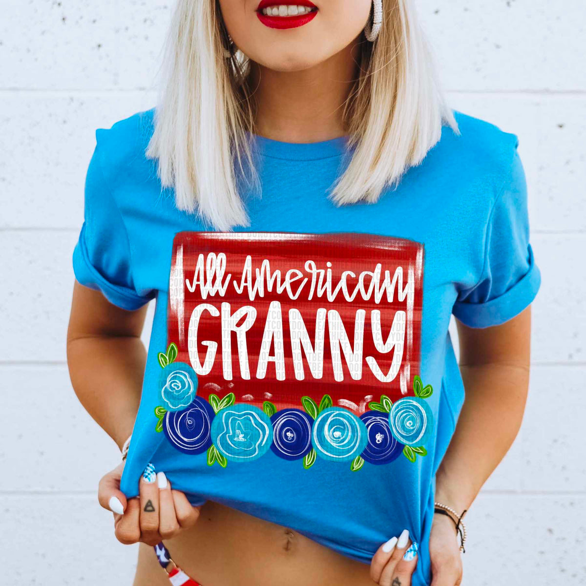 All america granny red background blue florals 29813 DTF transfer