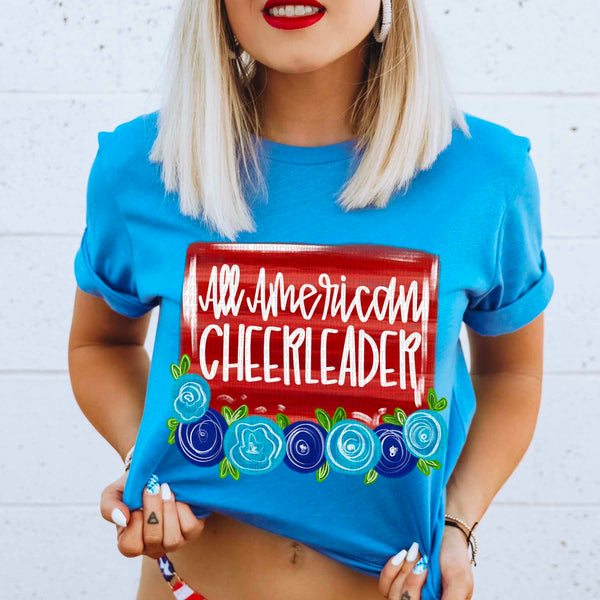 All america cheerleader red background blue florals 29811 DTF transfer