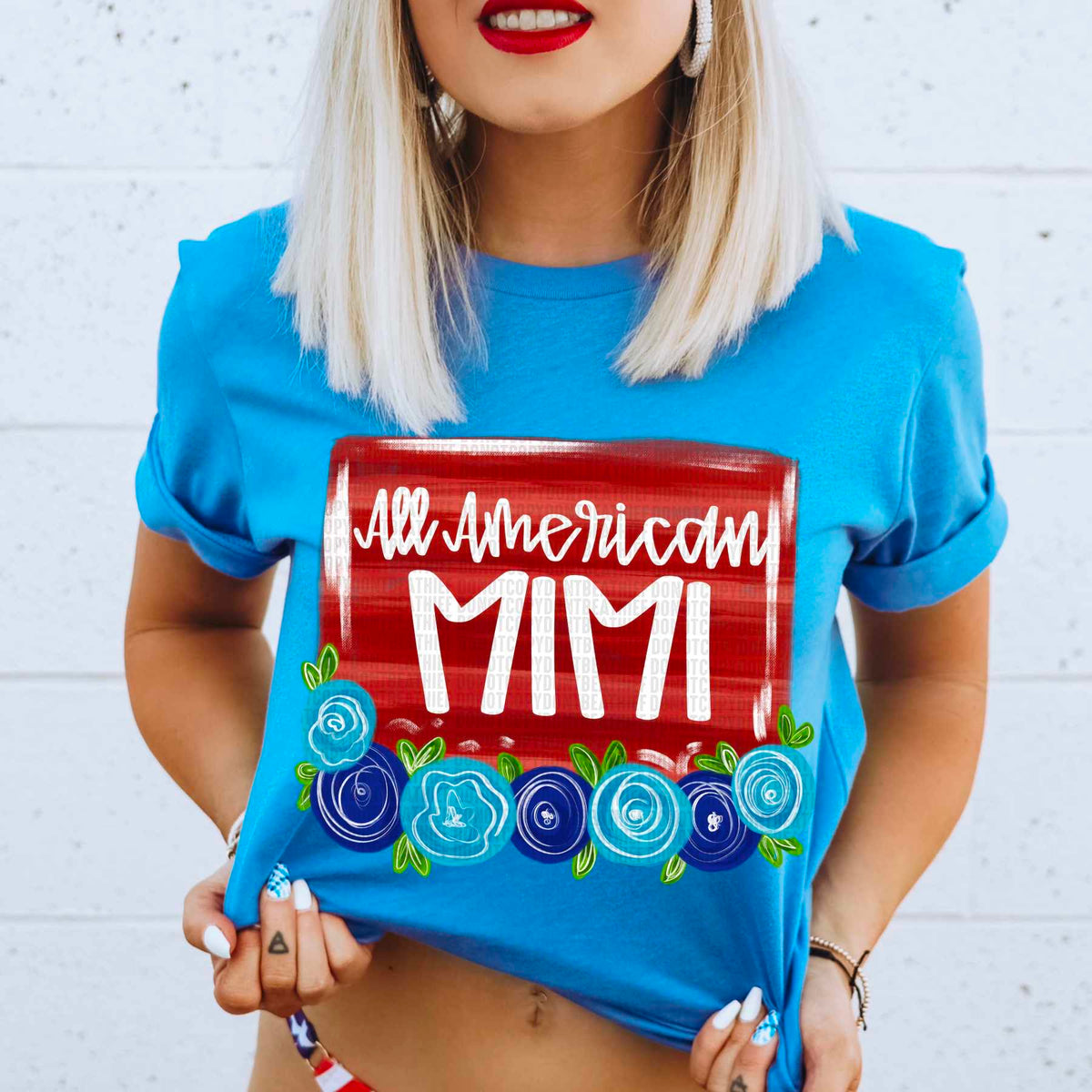 All america mimi red background blue florals 29810 DTF transfer