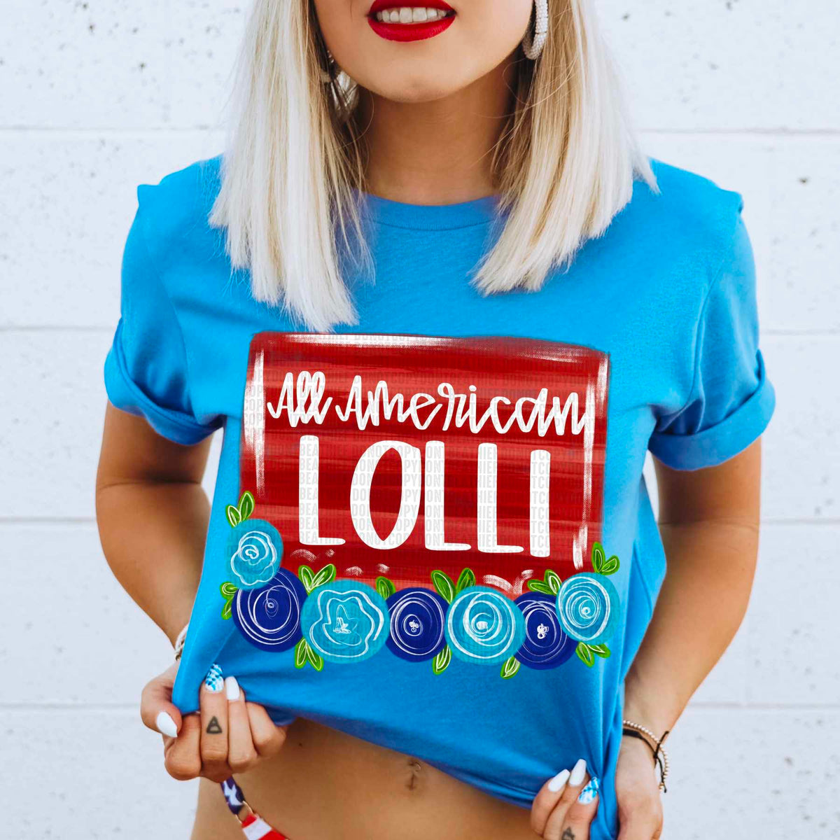 All america lolli red background blue florals 29809 DTF transfer