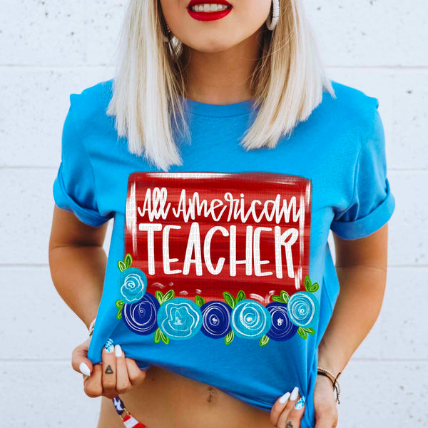 All america teacher red background blue florals 29808 DTF transfer