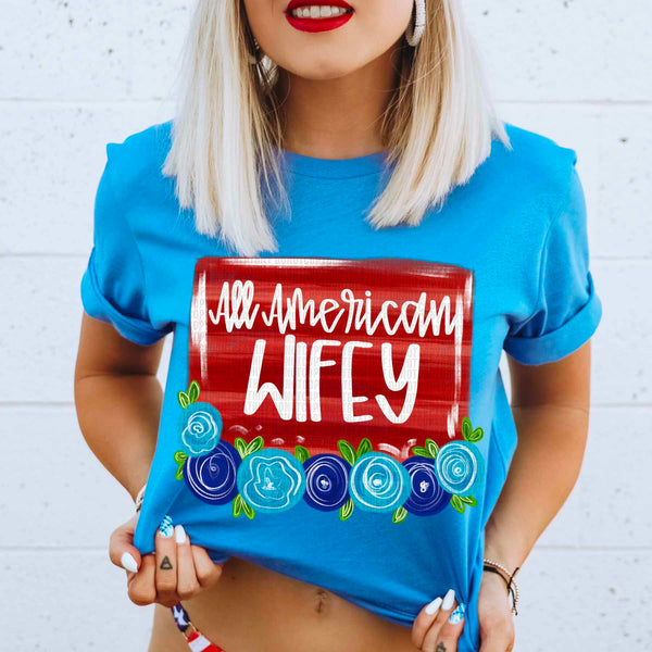 All america wifey red background blue florals 29806 DTF transfer