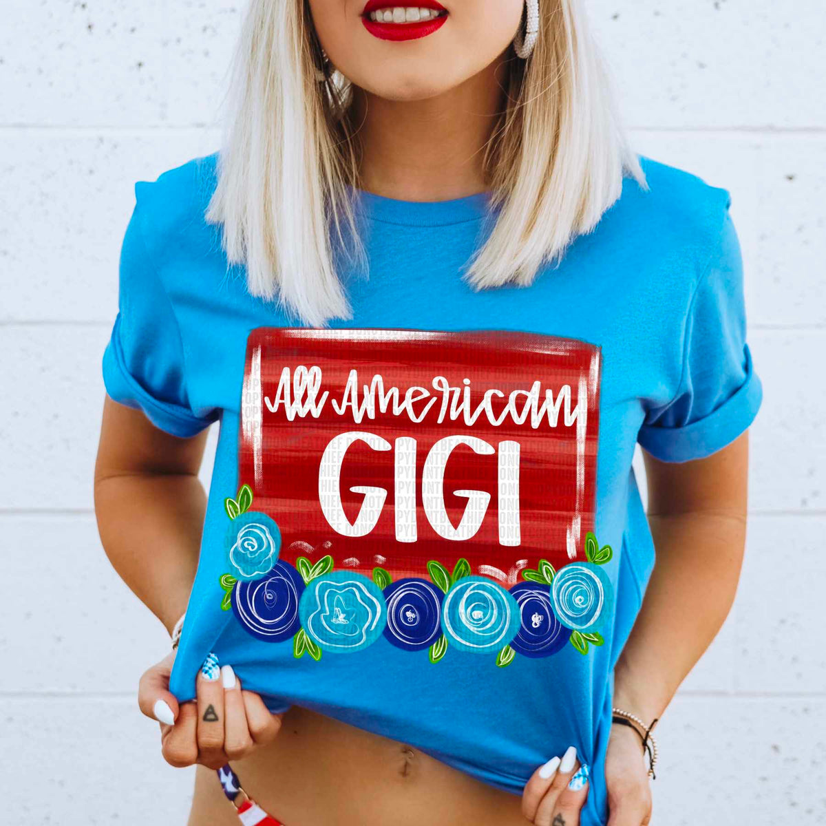 All america gigi red background blue florals 29805 DTF transfer