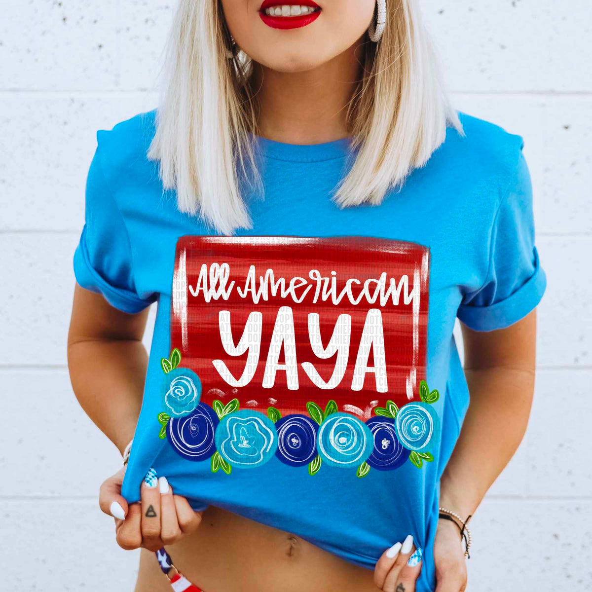 All america yaya red background blue florals 29804 DTF transferax