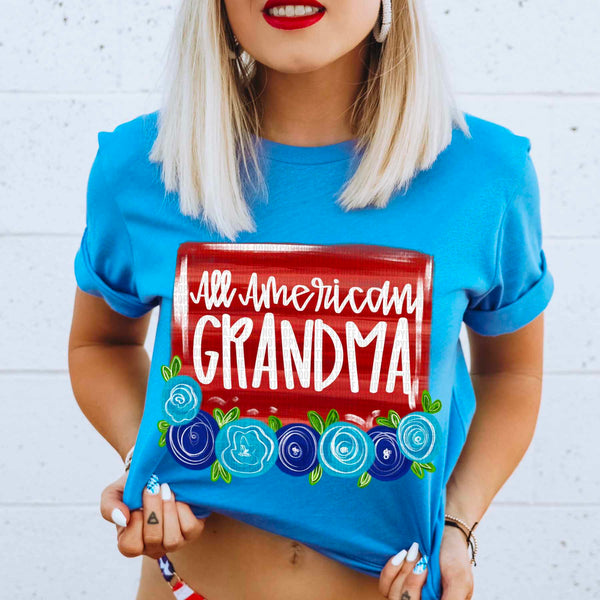 All america Grandma red background blue florals 29801 DTF transfer