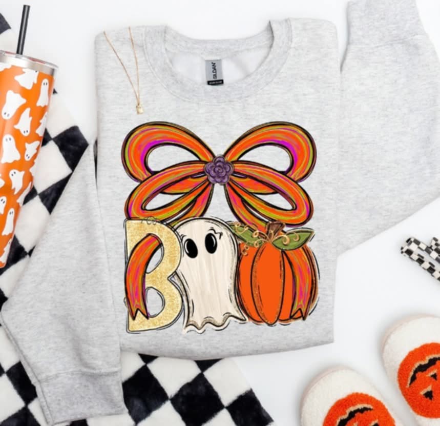 Boo with pumpkin ghost and bow (s&g) DTF transfer