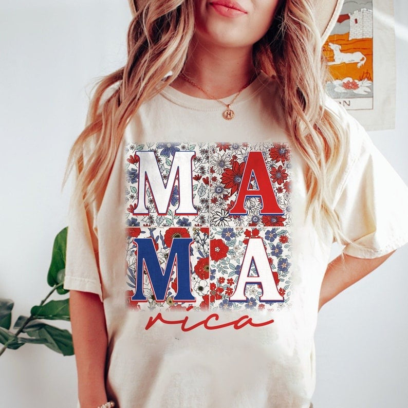 Mama blocks red white blue flowers 29855 DTF transfer