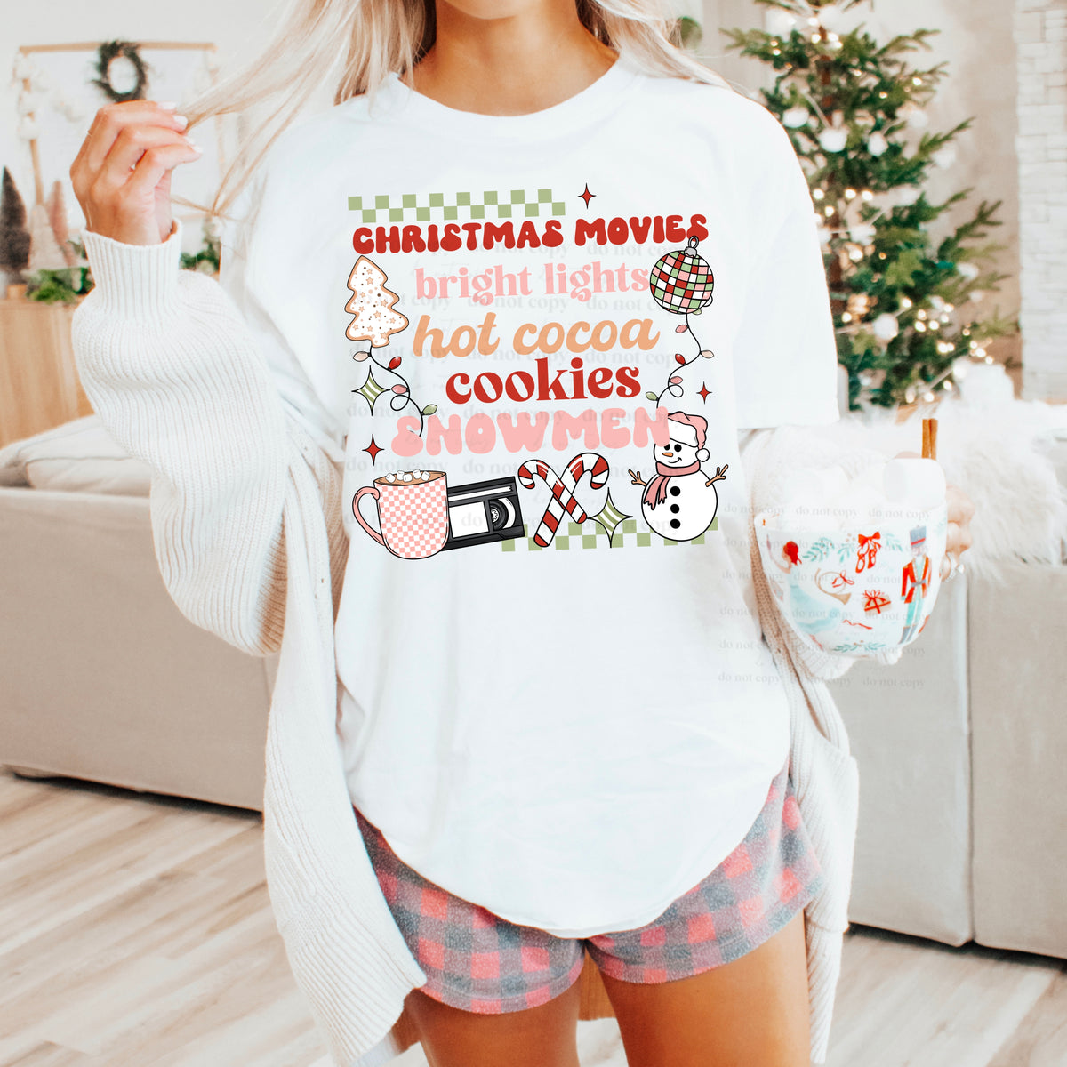 Christmas movies bright lights hot cocoa cookies snowmen CSC DTF transfers