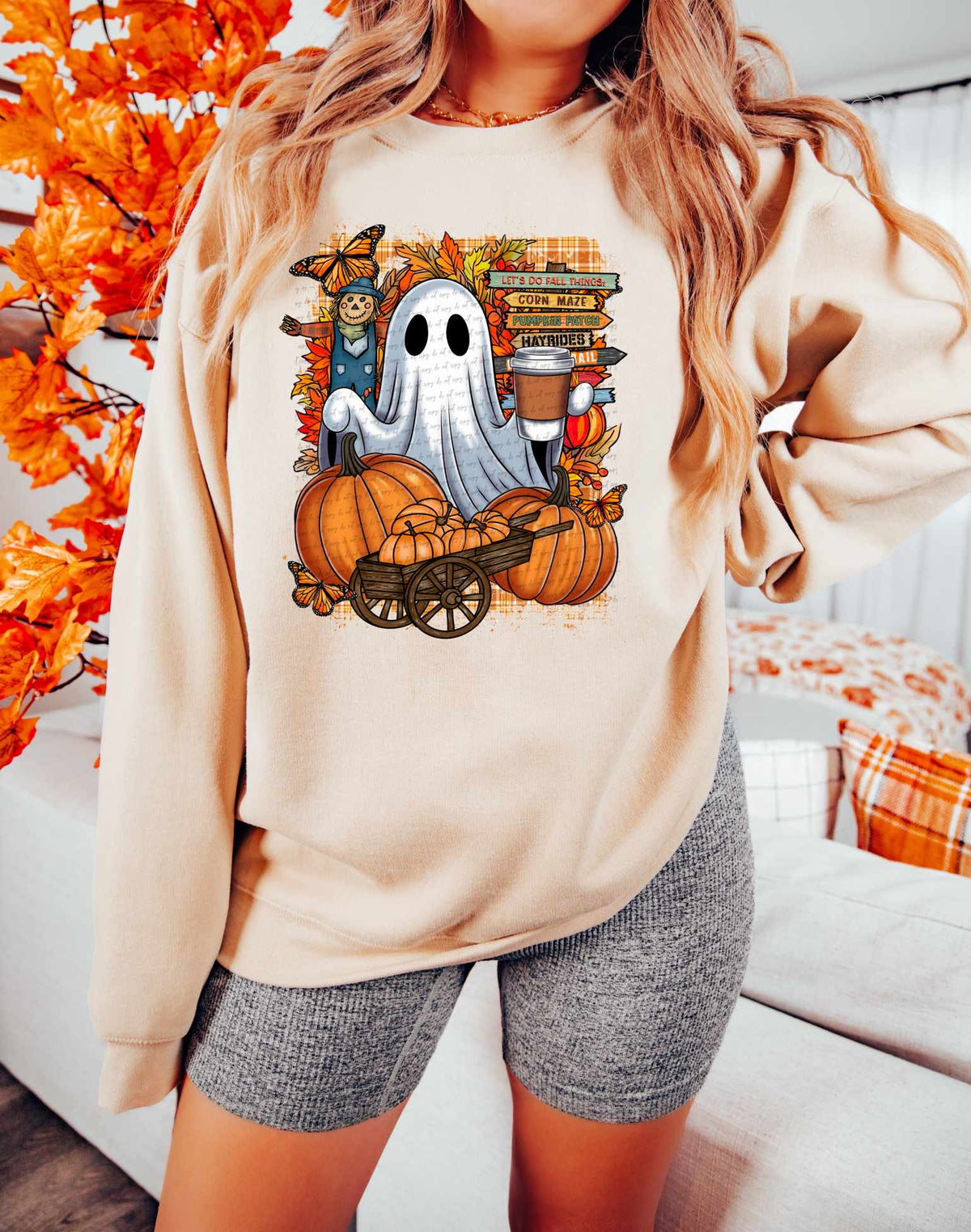 Scarecrow ghost with pumpkins plaid background (CSTAGE) 41806 DTF TRANSFER